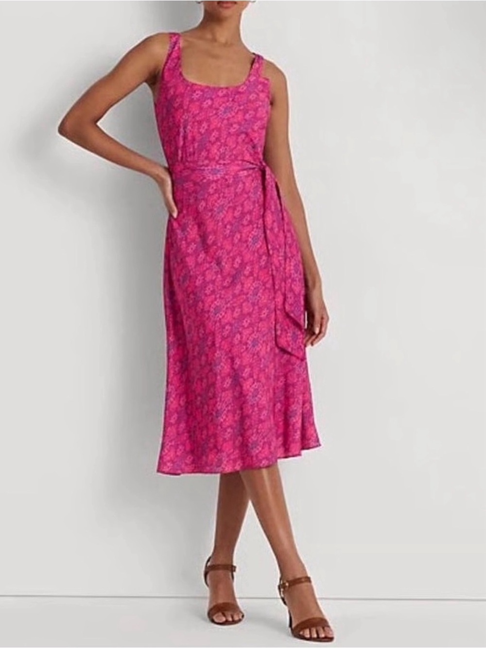 Ralph Lauren Geo-Print Belted Crepe Midi Dress in size 14